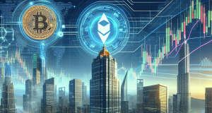 Bitcoin Security: Quantum Computing Threat & Solutions A futuristic scene depicting a Bitcoin symbol encased in a transparent shield, surrounded by cascading lines of quantum code. Overhead, abstract representations of quantum computers loom ominously, casting a shadow over the crypto symbol. Bright digital lights and circuit patterns add an aura of urgency and innovation.