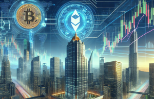 „SharpLink Gaming: Leading Ethereum’s Corporate Surge“ A futuristic cityscape blending elements of high-tech gaming and cryptocurrency, featuring an imposing skyscraper with the SharpLink Gaming logo illuminated atop. In the foreground, oversized Ethereum coins and digital graphs represent market dynamics, while a bustling city street below signifies vibrant market activity. The color scheme incorporates sharp blues, greens, and golds, evoking a sense of innovation and financial prowess.