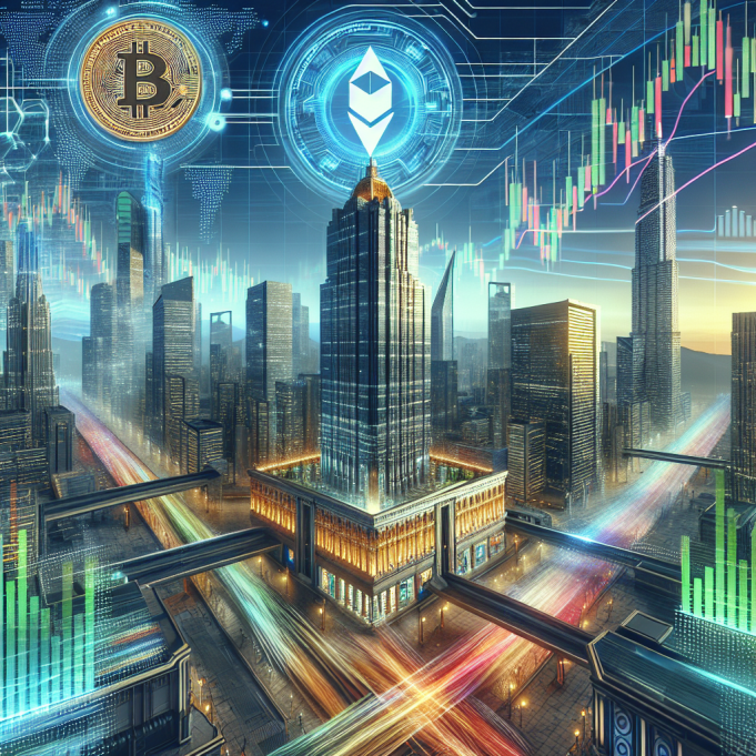 A futuristic cityscape blending elements of high-tech gaming and cryptocurrency, featuring an imposing skyscraper with the SharpLink Gaming logo illuminated atop. In the foreground, oversized Ethereum coins and digital graphs represent market dynamics, while a bustling city street below signifies vibrant market activity. The color scheme incorporates sharp blues, greens, and golds, evoking a sense of innovation and financial prowess.